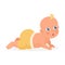 Newborn baby in yellow pants lying, cute curious child crawling