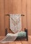 Newborn background - wooden bed with rustic throw and macrame