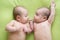 Newborn beautiful baby twins. Closeup portrait, caucasian child