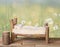 A newborn bed studio digital prop made from Japanese Maple tree branches with a dandelion green meadow nature background.