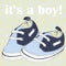 Newborn blue shoes with shoelaces for boy. It`s a boy! Vector illustration on blue hearts on yellow pattern background