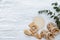 Newborn booties with empty card and wooden toys.