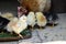 Newborn chickens and a mother chicken peck at food on hen house in farm pattern background . Concept of raising chickens on a