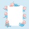 Newborn children banner. Cute cartoon baby frame, infant blond smiling toddler in blue clothes in different poses. Happy