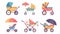 Newborn cradle and wheeled stroller. Infants pushchair with umbrella and sunshade. Kids transport. Flat modern