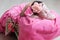 Newborn sleeping. Infant baby girl closeup lying on pink blanket in basket decorated with wooden heart