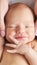 Newborn tiny head. Mother touch little people. Healthcare massage concept