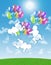 Newborn triplets flying on colorful balloons in the sky