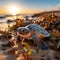 newborn turtles crawl along the sandy beach to the water. Concept: protection of animals and the planet