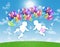 Newborn twins flying on colorful balloons in the sky