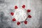 Newborn winter background - round cream bowl with CHristmas red garland on snowy backdrop