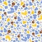 Newborrn related concept for baby shower seamless pattern for print or textile, cartoon style elements teddy, duck