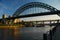 Newcastle bridges and river Tyne, UK, by sunset