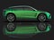 The newest sports all-wheel drive green premium crossover in a black studio with a reflective floor. 3d rendering.