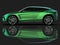 The newest sports all-wheel drive green premium crossover in a black studio with a reflective floor. 3d rendering.