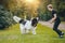 Newfoundland dog plays with man and woman