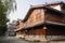 Newly built Chinese timber framed buildings in sunny winter morn