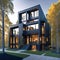 Newly constructed contemporary home with maple fall trees under blue sky. Ultra modern, minimalistic, stylish house in black. A