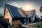 newly constructed homes with solar panels on the roof under a bright sky A close up of a brand new structure with dark solar