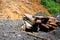 Newly cut and sawed tropical wooden planks on a pile on the side of a road