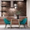 Newly designed kitchen with dining room, loft style, green chairs, brick wall