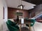 Newly designed kitchen with dining room, loft style, green chairs, brick wall