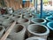 Newly finished culverts are lined up in a factory.