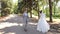 Newly married couple dancing waltz in the park.