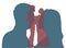 Newly married couple silhouette. Man and woman looking each other close-up, silhouettes of profiles of couple and reflection the