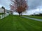 Newly mowed striped green lawn in the springtime