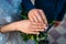 Newlywed couple holding hands and displaying wedding rings, close up. Hands and rings on the background of wedding bouquet