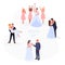 Newlywed couples at happy wedding day. flat vector illustration