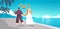 newlywed lesbian couple with flowers walking on beach transgender love LGBT community wedding celebration