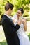 Newlywed toasting champagne flutes at park