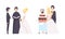 Newlyweds Couple as Just Married Male and Female in Wedding Dress and Suit Taking Oath and Standing Near Cake Vector Set