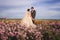 Newlyweds couple walking in amazing blossoming flowers field