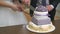 Newlyweds cutting delicious sweet wedding cake