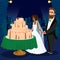 Newlyweds Cutting Wedding Cake Vector Illustration