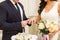 Newlyweds exchange rings, groom puts the ring on the bride`s hand