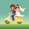 The newlyweds go on a moped.