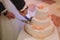 The newlyweds hands are cutting the first piece of the wedding cake. Close-up photo.