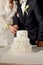 Newlyweds husband and wife joining hands cut a white cake decorated with white roses, selective focus