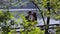 Newlyweds kissing on the river pier