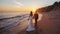 Newlyweds in romantic sunset beach stroll, golden silhouettes against vast tranquil ocean backdrop