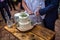 Newlyweds slicing a wedding cake