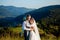 Newlyweds smile and hug each other among the meadow on top of the mountain. Wedding walk in the woods in the mountains, the gentle