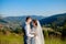 Newlyweds smile and hug each other among the meadow on top of the mountain. Wedding walk in the woods in the mountains, the gentle