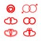 Newlyweds symbols, wedding signs, red rings and hearts, man and woman union , wedding vector icons set.