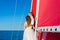 Newlyweds traveling in a sailing boat