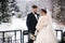 Newlyweds in witer park are walking around. Handsome groom and beautiful bride surrounded by snow. Winter wedding